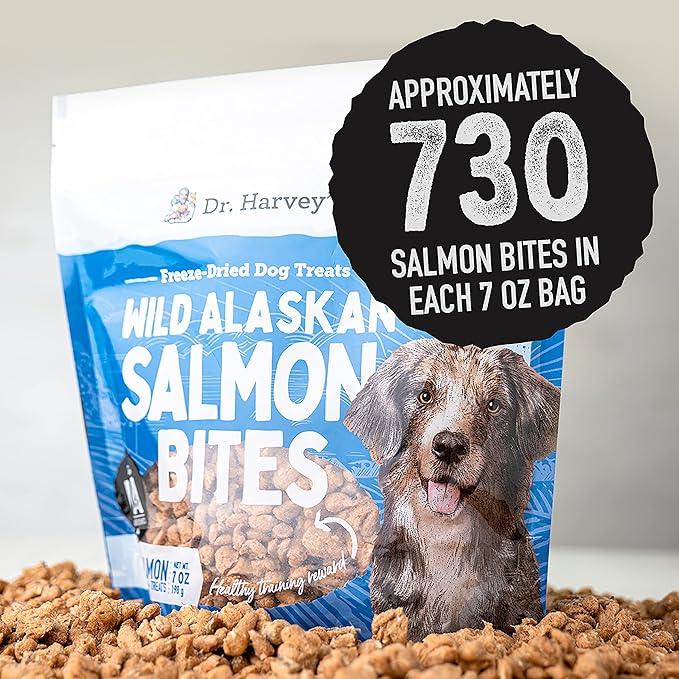 Dr. Harvey's Wild Alaskan Salmon Bites - Freeze Dried Dog Training Treats with Salmon Meat for Dogs - 7 Ounces (Pack of 3)