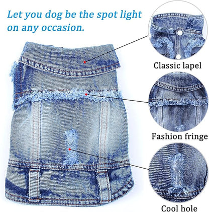 Jean Jacket, Blue Denim Lapel Vest Coat T-Shirt Costume for Small Medium Dogs Cats, Cute Girl Boy Puppy Clothes, Comfort and Cool Apparel, Machine Washable Outfits (XXL, Blue)