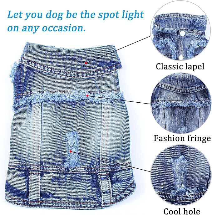 Dog Jean Jacket, Blue Denim Lapel Vest Coat T-Shirt Costume Girl Boy Puppy Clothes, Comfort and Cool Apparel for Small Medium Dogs Cats