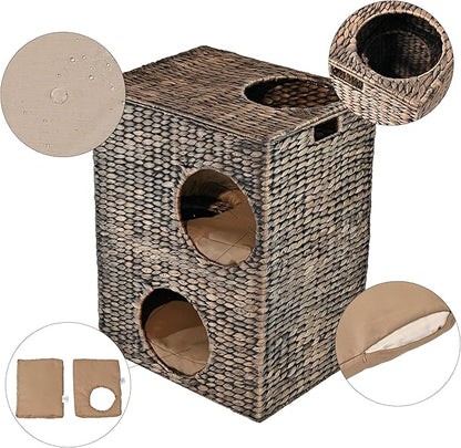 CHS1000B Jaxon 18" Modern Classic 2-Tier Handwoven Hyacinth Rectangular 5-Hole Cat Condo with 2 Machine-Washable Cushions, Brown