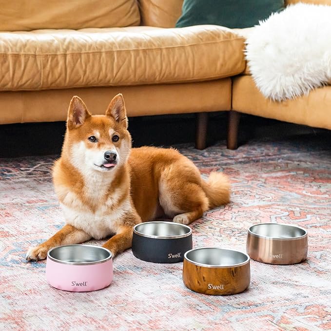 S'well Stainless Steel Pet Bowl, 32oz, Onyx, for Small to Medium Size Dogs, Mess Free Design with Non Slip Rubber Bottom, Dishwasher Safe, BPA Free