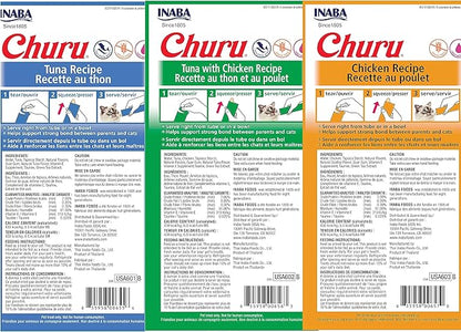 Churu Lickable Creamy Purée Cat Treats 3 Flavor Tuna and Chicken Variety Pack, 4 Count Pack of 18 (72 Tubes Total)