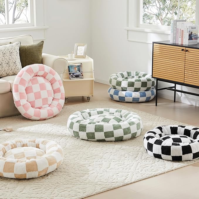 Ohocut Checkered Cat Dog Bed, Cute Blue Retro Style Aesthetic Round Warming Pet Calming Beds for Small Dog and Cats, Plush Cozy Donut Beds Washable, 23" L x 23" W x 8" Th