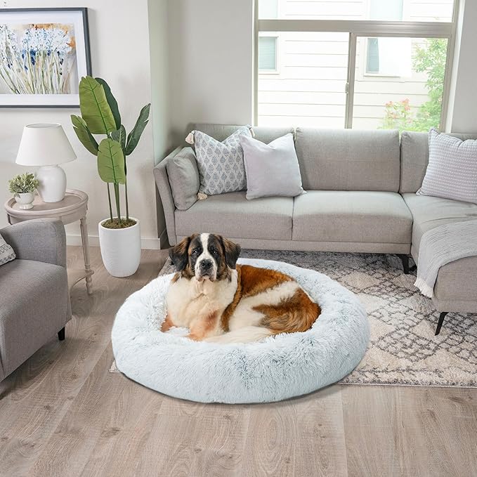 Best Friends by Sheri The Original Calming Donut Dog Bed for Extra-Large Dogs up to 150 lbs, Shag Faux Fur, Frost Gray, 45" x 45"
