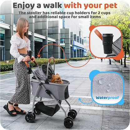 Pet Stroller for Small Medium Dogs & Cats – 2-in-1 Detachable Carrier, Zipperless Entry, Lightweight Folding Travel Stroller with Storage Basket, Cup Holder, Gray