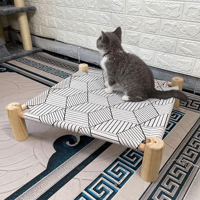 Pozico Cat/Dog Bed Hammock - Wooden Raised Indoor/Outdoor Beds - Breathable Mesh for Small Animals - White Diamond