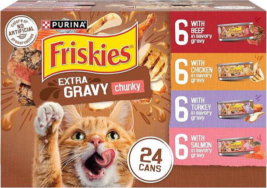 Purina Friskies Extra Gravy Wet Cat Food Chunky 24ct Variety Pack (With Chicken, Turkey, Salmon, Beef) - (Pack of 24) 5.5 oz. Cans