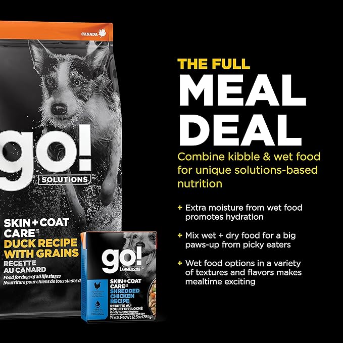 Go! Solutions Skin + Coat Care Duck Dry Dog Food with Grains, Chicken-Free, Healthy Kibble with Omega-3s & 6s for Soft, Shiny Fur, for Puppies, Adults, & Seniors, 3.5 lb Bag