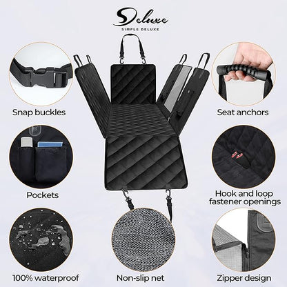 Simple Deluxe Dog Car Seat Cover for Back Seat, Waterproof Dog Car Hammock with Mesh Window, Scratchproof & Nonslip Seat Protector for Cars, Trucks, SUVs, Standard