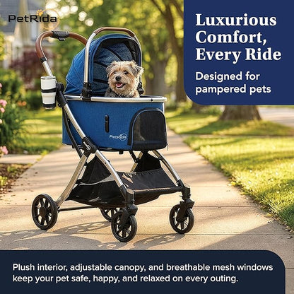 Luxury Pet Stroller with Detachable Carrier | Lightweight Design with Easy One-Hand Fold & Spacious Storage Basket | Safe & Comfortable Travel for a Small to Medium Dog or Cat, Blue