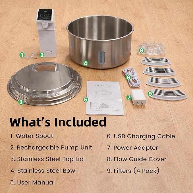 7L Stainless Steel Pet Water Fountain, Cordless Battery Powered for Cats & Dogs, Quiet Flow Automatic Dispenser with 4 Filters Included
