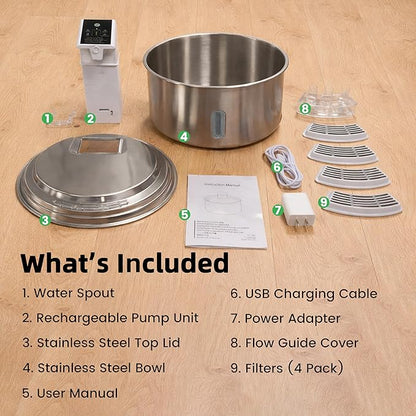 7L Stainless Steel Pet Water Fountain, Cordless Battery Powered for Cats & Dogs, Quiet Flow Automatic Dispenser with 4 Filters Included