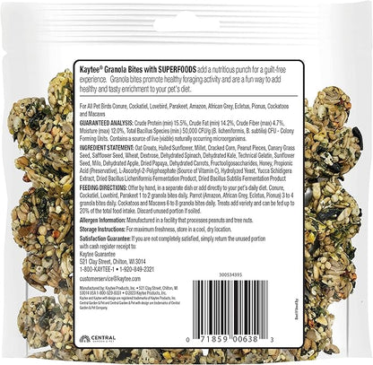 Kaytee Granola Bites with Super Foods Spinach and Kale for Pet Birds, Conure, Cockatiel, Lovebird, Parakeet, Amazon, African Grey, Ecletus, Pionus, Cockatoos and Macaws, 4.50 Ounce (Pack of 2)