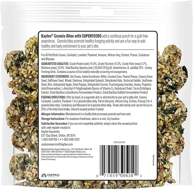 Kaytee Granola Bites with Super Foods Spinach and Kale for Pet Birds, Conure, Cockatiel, Lovebird, Parakeet, Amazon, African Grey, Ecletus, Pionus, Cockatoos and Macaws, 4.50 Ounce (Pack of 6)