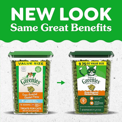 Greenies Cat Treats, Feline Veterinarian-Recommended Adult Natural Dental Cat Treats, Oven Roasted Chicken Flavor, 9.75 oz. Tub