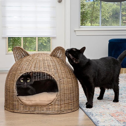 CBD1000A Cat Ear 20" x 14.5" Coastal Handwoven Rattan Cat Bed with Machine-Washable Cushion, Natural