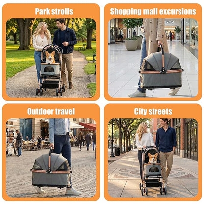 pet Stroller with Removable Carrier cat Dog Stroller with Aluminum Alloy Frame and 900D Oxford Fabric, Featuring one-Touch Folding,Includes rain Cover,for Travel, Walking,Shopping (Grey)