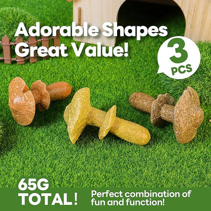 TEEWY 3PCS Guinea Pig Chew Toys, Prevent Teeth Overgrowth, Natural Timothy Grass & Vegetables, Hamster Chew Toys, Guinea Pig Toys, Chinchilla Toys, Mushroom-Shaped
