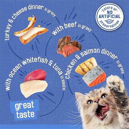 Friskies Purina Gravy Wet Cat Food Variety Pack, Savory Shreds with Beef, Turkey and Cheese Dinner, Chicken & Salmon Dinner, with Ocean Whitefish & Tuna - 5.5 oz. Cans (Pack of 64)