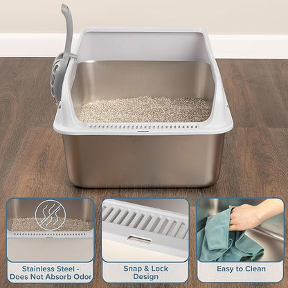 Stainless Steel Cat Litter Box with Lid - Large Litter Box with High Sides and Scoop Included - Easy to Clean, Leak-Proof, Anti-Odor Litterbox for Medium to Large Sized Cats - Pet Supplies by PETMAKER