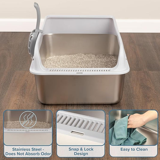 Stainless Steel Cat Litter Box with Lid - Large Litter Box with High Sides and Scoop Included - Easy to Clean, Leak-Proof, Anti-Odor Litterbox for Medium to Large Sized Cats - Pet Supplies by PETMAKER