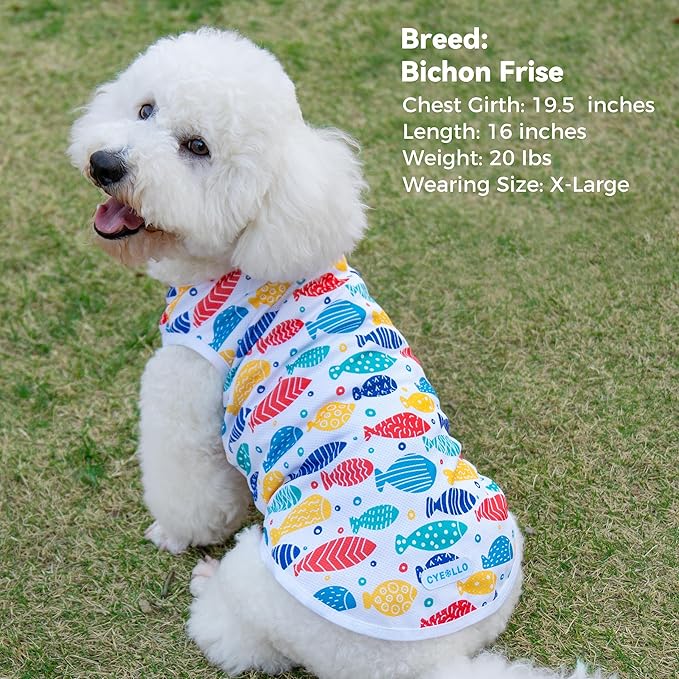 cyeollo 2pack Dog Cooling Shirt, Breathable Sleeveless Summer Clothes for Dogs, Intant Cool T Shirts for Small Dogs, Blue Fish M