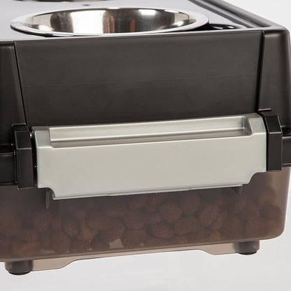 IRIS USA Elevated Dog Bowls with Storage, 6" H Raised Feeding Station, Dog Bowl Stand with Airtight Food Storage Holds 5 lbs, 4 Removable 16 oz Stainless Steel Food and Water Bowls, Smoke/Black