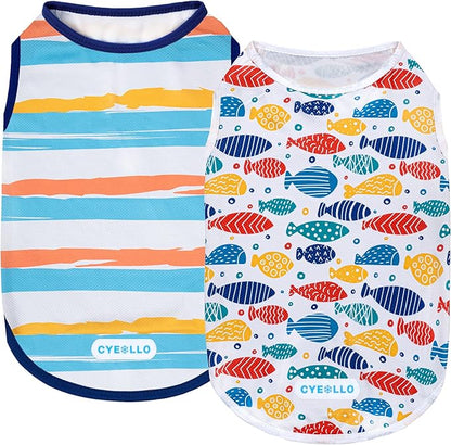 cyeollo 2pack Dog Cooling Shirt, Breathable Sleeveless Summer Clothes for Dogs, Intant Cool T Shirts for Small Dogs, Blue Fish S
