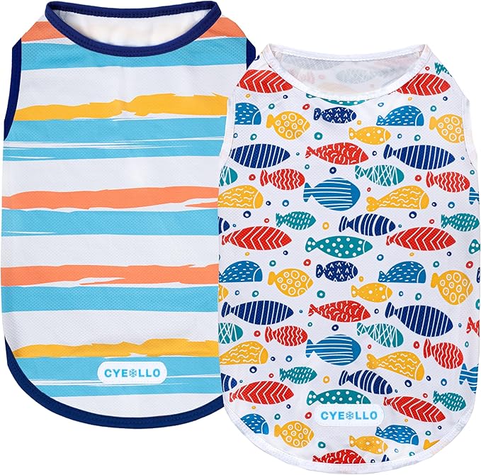 cyeollo 2pack Dog Cooling Shirt, Breathable Sleeveless Summer Clothes for Dogs, Intant Cool T Shirts for Small Dogs, Blue Fish L
