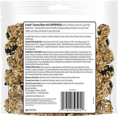 Kaytee Granola Bites with Super Foods Granola Bites and Flax for Pet Birds Conure, Cockatiel, Lovebird, Parakeet, Amazon, African Grey, Ecletus, Pionus, Cockatoos and Macaws, 4.50 Ounce (Pack of 1)
