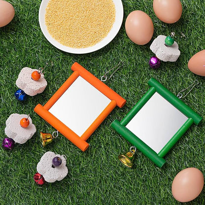Sumind 2 Pieces Chicken Mirror Toys Hanging Swing Mirror with Bell Wooden Pecking Toy and 4 Pieces Beak Grinding Molar Stones for Hens Birds Parrots(Green,Orange)