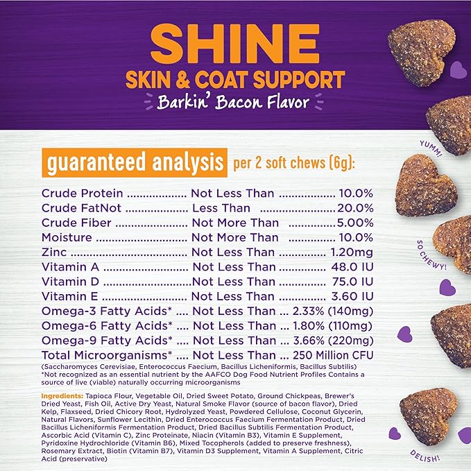 Wellness Barkin' Bacon Flavored Soft Chew Skin & Coat Supplements for Dogs, 45 Count
