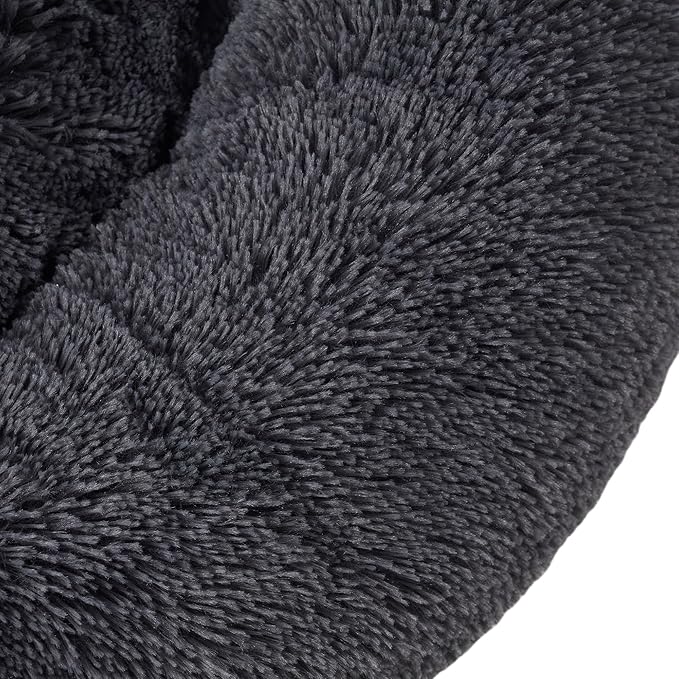 Dog & Cat Bed: Round Faux Fur Pet Bed - Plush, Cozy, & Calming Donut Bed for Medium Pets - Soft & Comfortable Sleeping Cushion for Napping & Lounging, 23" Round, Dark Gray
