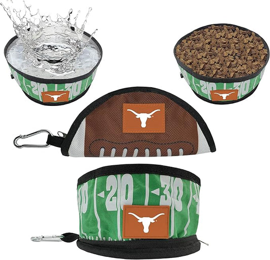 Pets First NCAA Texas Longhorns Collapsible Dog Travel Bowl, Food and Water Bowl for Dogs & Cats. Lightweight Leak-Proof Pet Bowl for Travel with Football Field & Pebble-Grain Design