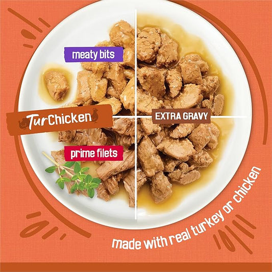 Purina Friskies TurChicken Turkey and Chicken Wet Cat Food Variety Pack with Meaty Bits, Prime Filets, and Extra Gravy, 48 ct.