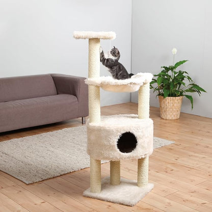 TRIXIE Baza Cat Tower, Scratching Posts, Condo, Hammock, Platform, Dangling Pom-Pom,Cream,44543 Large