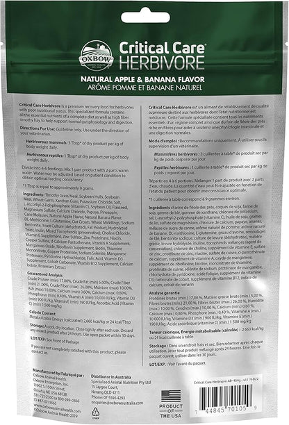 Oxbow Critical Care Herbivore, Emergency Rabbit & Guinea Pig Food, Natural Apple Banana Flavor, Critical Care Herbivore, Assist Feeding Formula for Pets, 454 gram bag