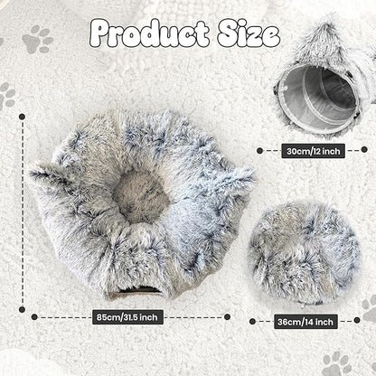 Cat Donut Tunnel Bed with 3pcs Mouse Ball Toy - Cat Tunnel for Under Christmas Tree & Cat Tunnel Bed Cave - Soft cat cave Bed – 3-in-1 Cat Tunnels for Indoor Cats, Kittens, Puppies, Rabbits (Grey)