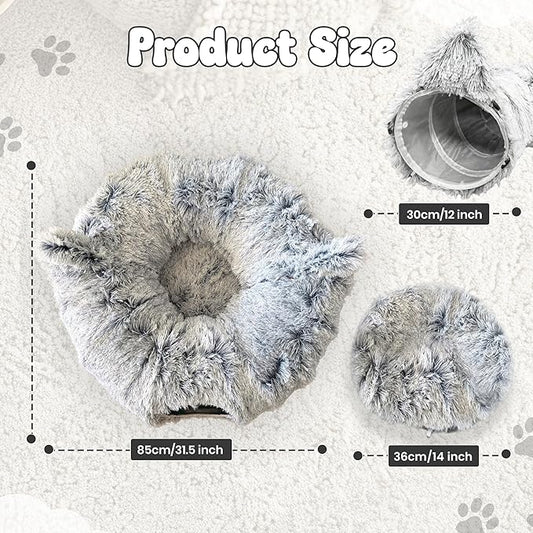 Cat Donut Tunnel Bed with 3pcs Mouse Ball Toy - Cat Tunnel for Under Christmas Tree & Cat Tunnel Bed Cave - Soft cat cave Bed – 3-in-1 Cat Tunnels for Indoor Cats, Kittens, Puppies, Rabbits (Grey)