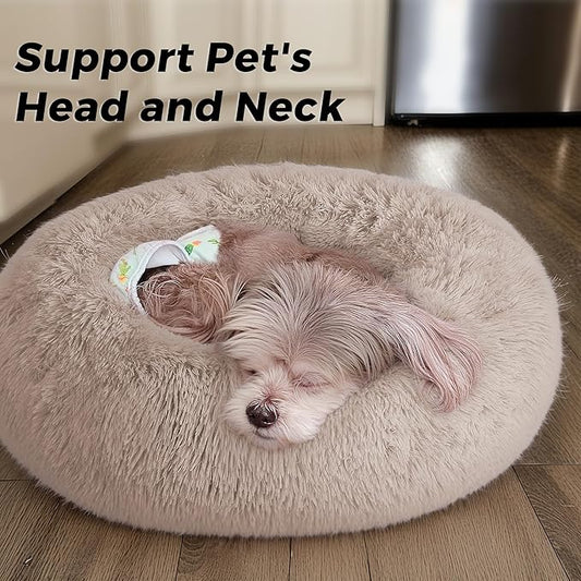 Calming Dog Bed & Cat Bed with Anti-Slip Bottom, Medium Size Washable Anti-Anxiety Donut Dog Beds for Small Dogs & Cats, Fluffy Plush Cozy Round Dogs Bed(24 Inch, Light Brown)