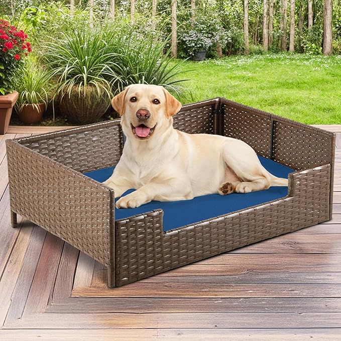 DWVO Rattan Dog House Outdoor Indoor with Cushion, Wicker Dog Sofa Bed for Small, Medium, and Large Dogs, 34.6''L*23.6''W*11.8''H, Blue