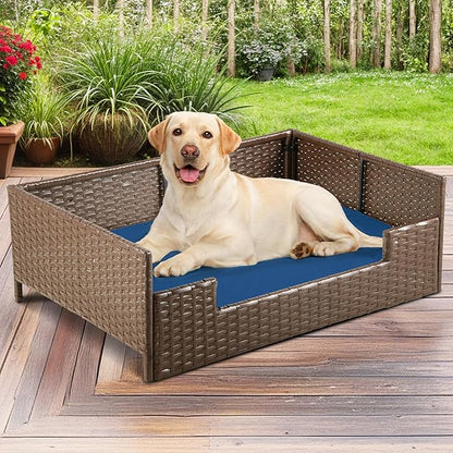 DWVO Rattan Dog House Outdoor Indoor with Cushion, Wicker Dog Sofa Bed for Small, Medium, and Large Dogs, 34.6''L*23.6''W*11.8''H, Blue