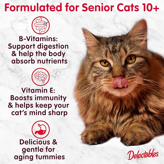Delectables Lickable Treat Stew Senior 10+ Wet Cat Treat with Real Chicken & Tuna, Food Topper, Hydrating, Grain-Free, No Fillers, No By-Products, No Added Preservatives, 1.4oz Pouch, 12ct