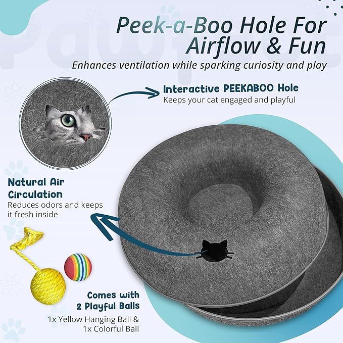 MEOWMATES Peekaboo Cat Tunnel Bed with Hanging Ball Toy – Large Cat Tunnels for Indoor Cats up to 30lbs – Round Cat's cave Bed with Scratch-Resistant, Easy to Wash & Cozy Design (24x24x11)