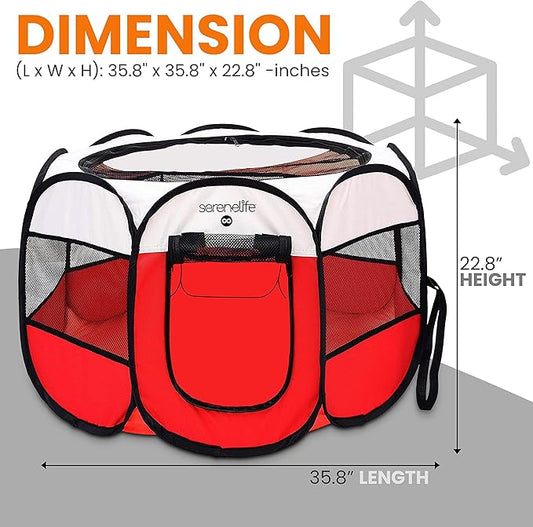 SereneLife On-The-Go Foldable Portable Pet Tent 8-Panel Playpen for Dog & Cat w/Food/Water Bowl, Mesh Exercise Puppy Playground, Pet House Indoor & Outdoor, Travel & Camping Pet Kennel (Red- Medium)