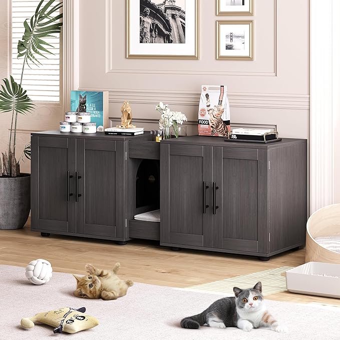 Cat Litter Box Enclosure Furniture for 2 Cats, 55" Large Hiddden Cat Litter Box Enclosure Furniture 3-IN-1 Wooden Cat Litter Cabinet with Barn Door & Double Rooms for Bedroom Living Room, Walnut