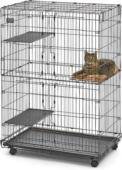 MidWest Homes for Pets Folding Metal Indoor Cat Playpen, Cage Includes Locking Wheels, 3 Platforms, Removable Tray, Plush Bed, Suited for 1-3 Cats