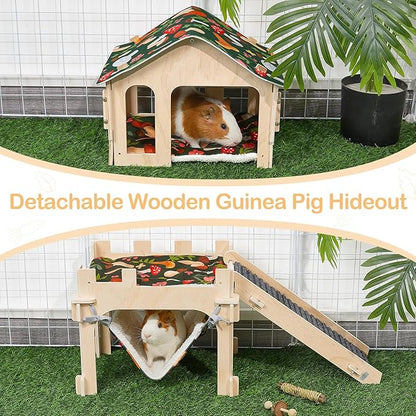 Bienbee Guinea Pig Hideout, Large Wooden Guinea Pig Castle with Stair, Hammock and Mat, Detachable Double-Decker Guinea Pigs House for Bunny Hamster Chinchilla Ferret Rabbit Guinea Pigs Accessories