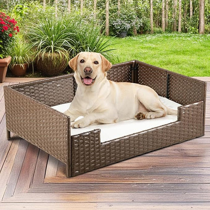 DWVO Rattan Dog House Outdoor Indoor with Cushion, Wicker Dog Sofa Bed for Small, Medium, and Large Dogs, 34.6''L*23.6''W*11.8''H, Beige