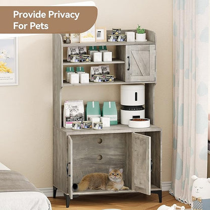 IDEALHOUSE Cat Litter Box Enclosure with Shelves and Doors,Wood Sturdy Hidden Litter Box Furniture,Indoor Cat House Furniture for Most of Litter Box,Litter Box Cabinet,Grey